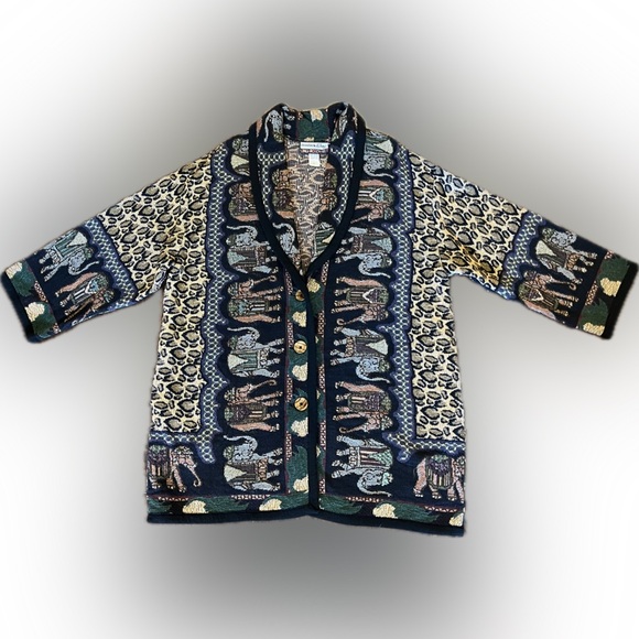 It’s Outta the Bag Y2K 1990’s Long Tapestry Cardigan Wooden Buttons Pockets, 1X - Picture 3 of 10